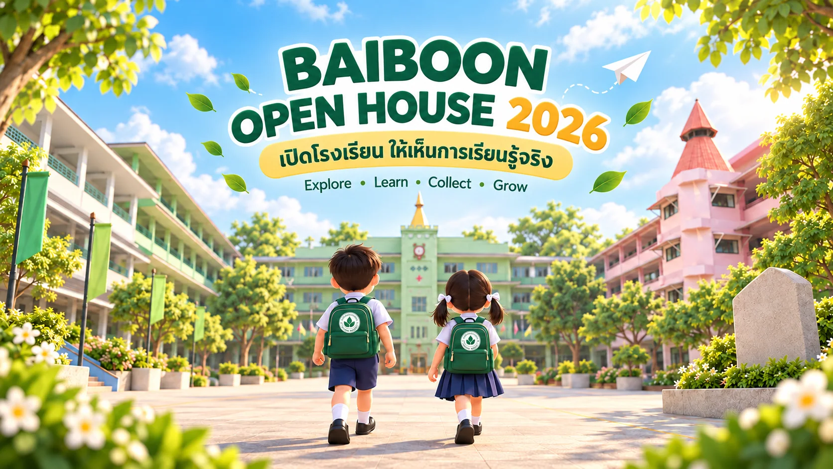 BAIBOON OPEN HOUSE 2026 เปิดโรงเรียน ให้เห็นการเรียนรู้จริง — เด็กนักเรียนสองคนเดินเข้าโรงเรียนใบบุญลำพูน